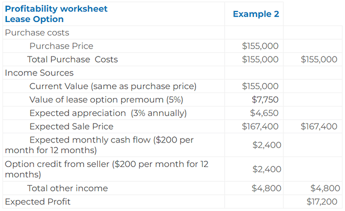 Profitability worksheet Lease Option - Example2
