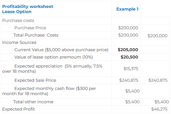 Profitability worksheet Lease Option - Example1